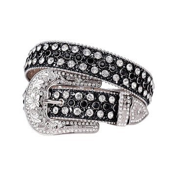 Engraved Buckle Shiny Black Strap with Black and Silver Studs Rhinestone Belt
