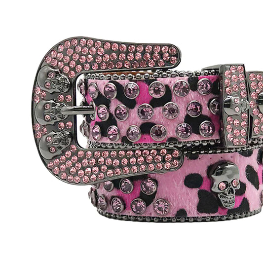 Skull Buckle Pink Patterned Strap with Pink Studs Rhinestone Belt