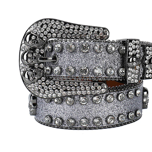 Skull Buckle Grey Strap with Grey Studs Rhinestone Belt