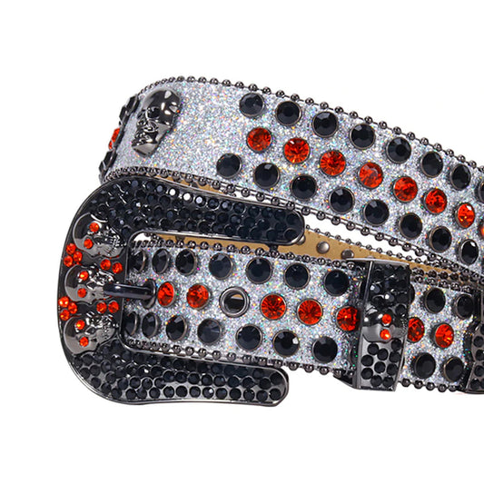 Skull Buckle Grey Strap with Black and Red Studs Rhinestone Belt