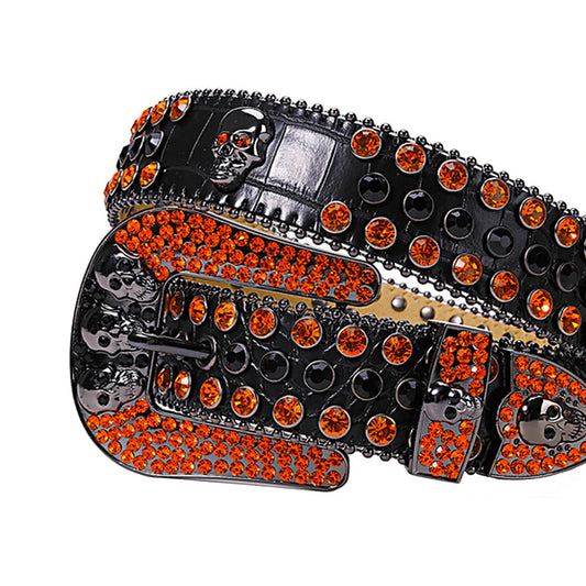 Skull Buckle Black Strap with Orange and Black Studs Rhinestone Belt