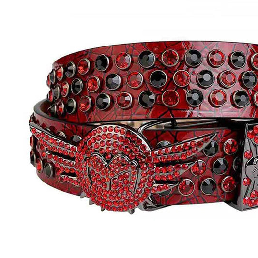 Angel Wings Buckle Red Strap with Red and Black Studs Rhinestone Belt