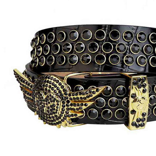 Angel Wings Buckle Black Strap with Black Studs Rhinestone Belt