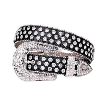 Engraved Buckle Black Strap with Crystal Studs Rhinestone Belt