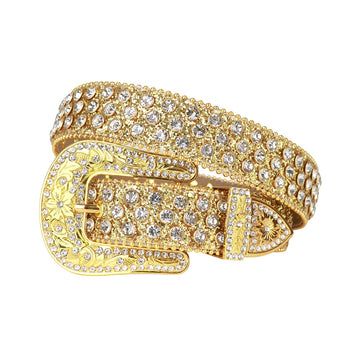 Engraved Buckle Shiny Gold Strap with Crystal Studs Rhinestone Belt