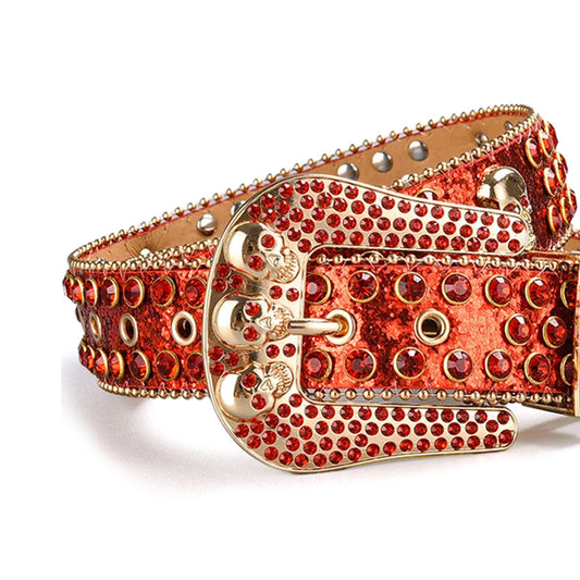 Skull Buckle Shiny Red Strap with Red Studs Rhinestone Belt