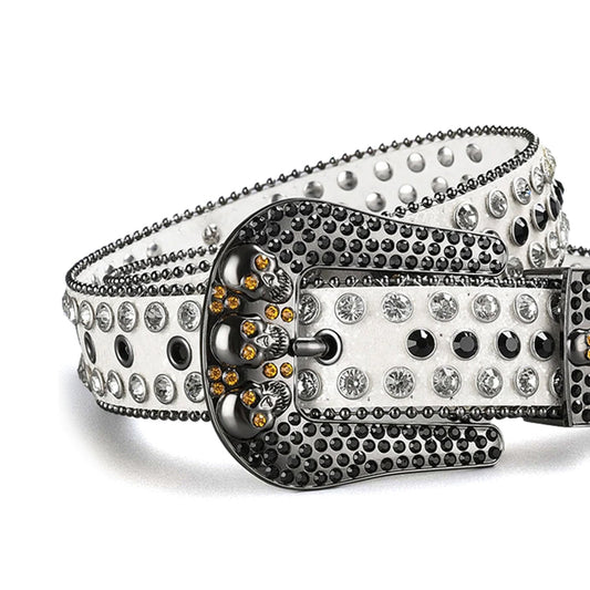 Skull Buckle White Strap with Crystal and Black Studs Rhinestone Belt
