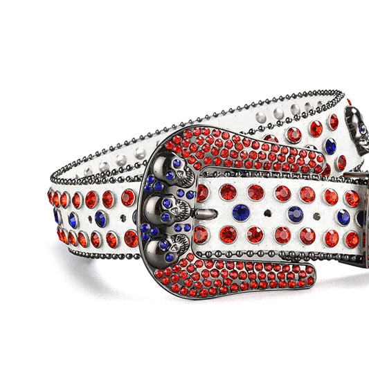 Skull Buckle White Strap with Red and Blue Studs Rhinestone Belt