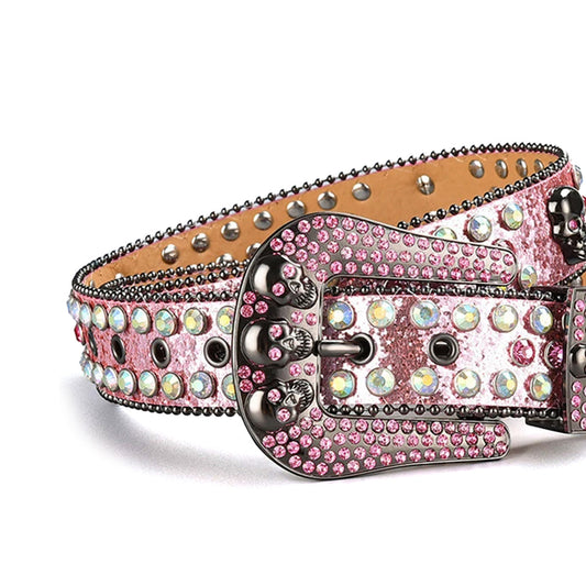 Skull Buckle Pink Strap with Multi Studs Rhinestone Belt