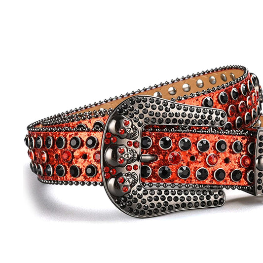 Skull Buckle Shiny Orange Strap with Orange and Black Studs Rhinestone Belt