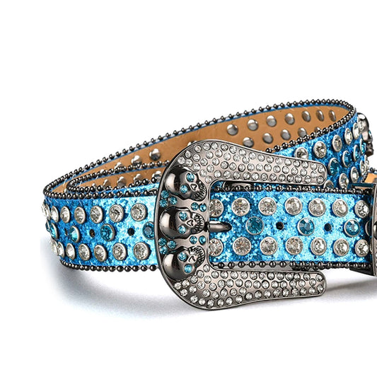 Skull Buckle Shiny Blue Strap with Blue and Crystal Studs Rhinestone Belt