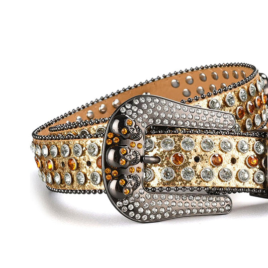 Skull Buckle Gold Strap with Gold and Crystal Studs Rhinestone Belt