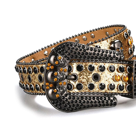 Skull Buckle Gold Strap with Gold and Black Studs Rhinestone Belt