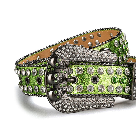 Skull Buckle Shiny Green Strap with Green and Crystal Studs Rhinestone Belt