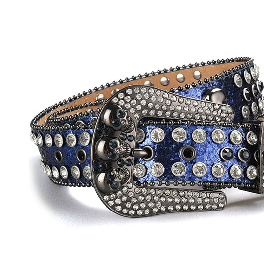 Skull Buckle Shiny Navy Strap with Navy and Crystal Studs Rhinestone Belt