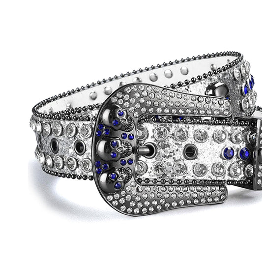 Skull Buckle Shiny Silver Strap with Blue and Crystal Studs Rhinestone Belt