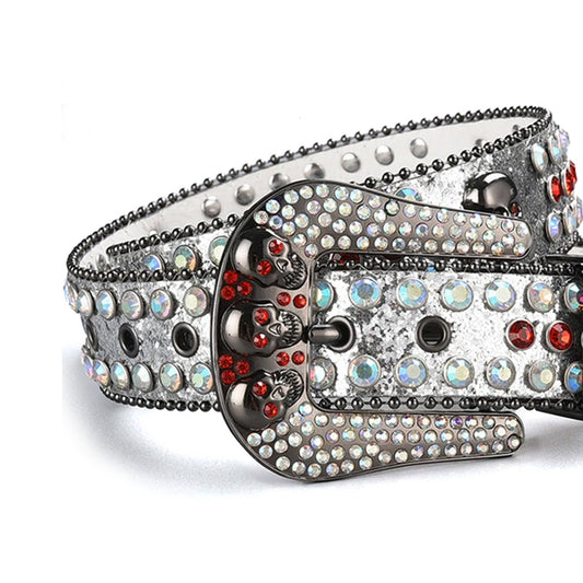Skull Buckle Shiny Silver Strap with Multi and Red Studs Rhinestone Belt
