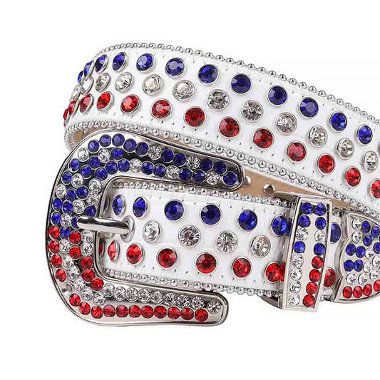 White Strap with Red and Blue Studs Rhinestone Belt