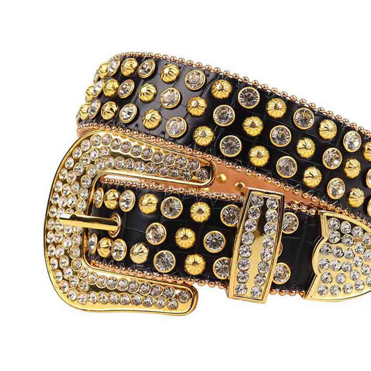 Black Strap with Gold and Crystal Studs Rhinestone Belt