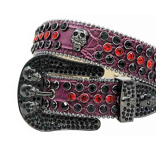 Skull Buckle Purple Strap with Black and Red Studs Rhinestone Belt