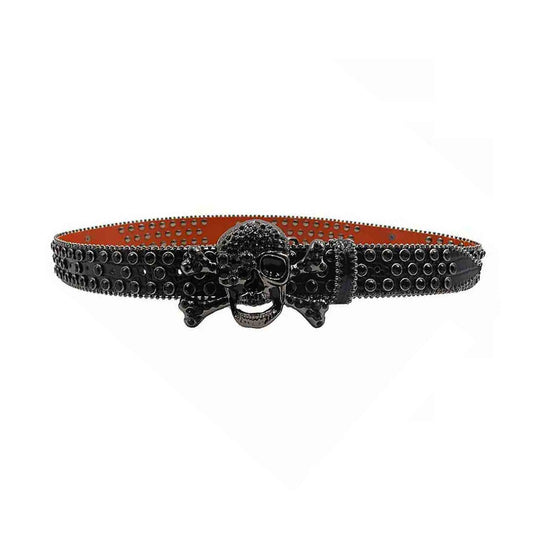 Metal Skull Buckle Black Strap with Black Studs Rhinestone Belt