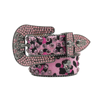 Skull Buckle Pink Patterned Strap with Pink Studs Rhinestone Belt
