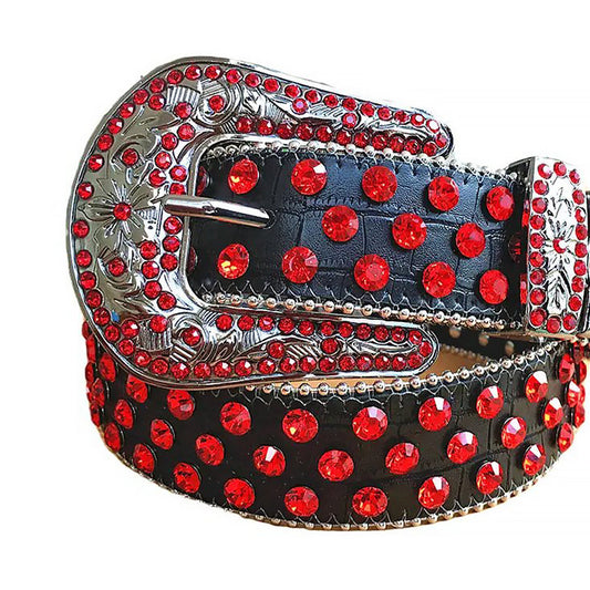 Red Rhinestones with Black Textured Strap and Silver Buckle Rhinestone Belt