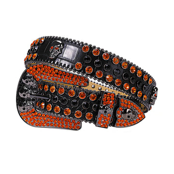 Skull Buckle Black Strap with Orange and Black Studs Rhinestone Belt