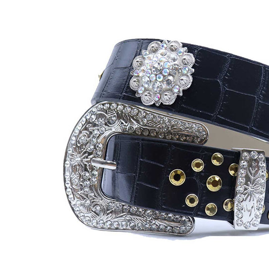 Engraved Buckle Black Strap with Gold Studded Design Rhinestone Belt