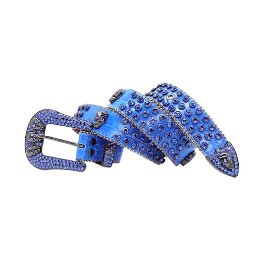 Skull Buckle Blue Strap with Blue Studs Rhinestone Belt