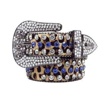 Skull Buckle Leopard Strap with Blue and Crystal Studs Rhinestone Belt