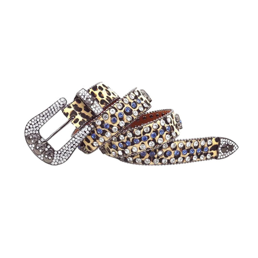 Skull Buckle Leopard Strap with Blue and Crystal Studs Rhinestone Belt