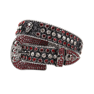 Skull Buckle Black Strap with Red and Crystal Studs Rhinestone Belt
