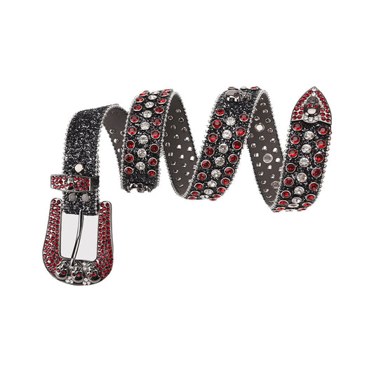 Skull Buckle Black Strap with Red and Crystal Studs Rhinestone Belt