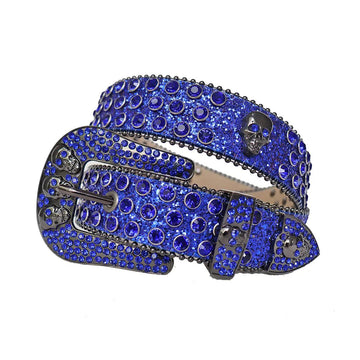 Blue Rhinestones with Blue Glitter Strap and Skull Buckles Rhinestone Belt