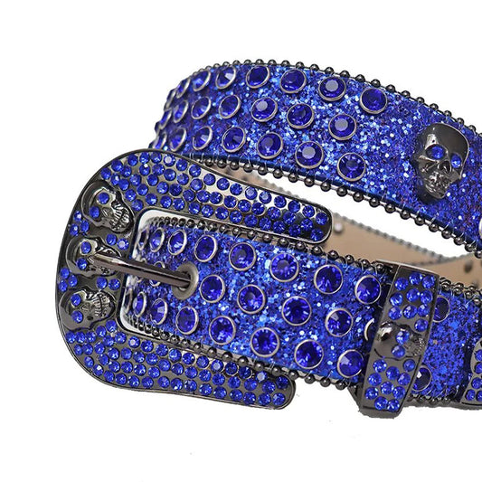 Blue Rhinestones with Blue Glitter Strap and Skull Buckles Rhinestone Belt