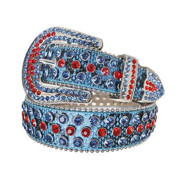 Red and Blue Rhinestones with Blue Textured Strap Rhinestone Belt