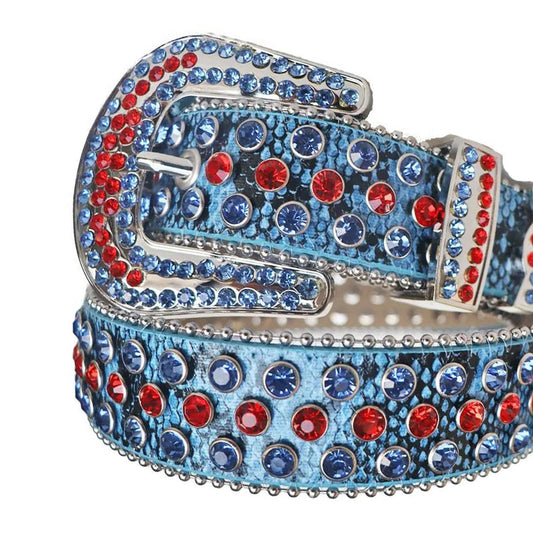 Red and Blue Rhinestones with Blue Textured Strap Rhinestone Belt