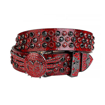 Angel Wings Buckle Red Strap with Red and Black Studs Rhinestone Belt