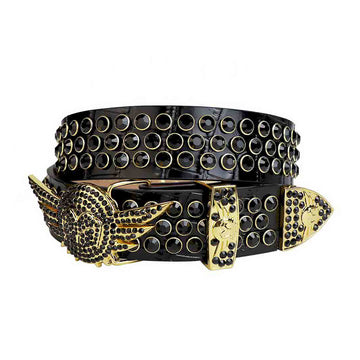Angel Wings Buckle Black Strap with Black Studs Rhinestone Belt