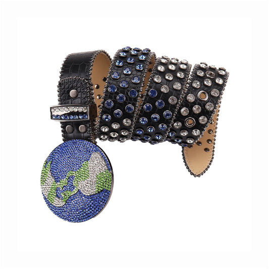 Globe Buckle with Blue and Crystal Studs Rhinestone Belt
