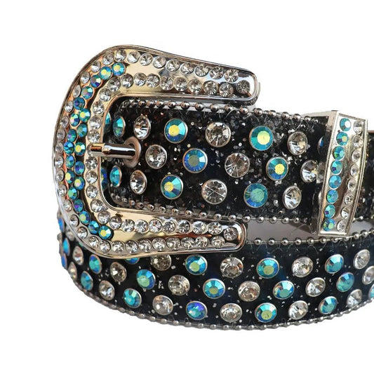 Aqua and Diamond Rhinestones with Black Glitter Strap Rhinestone Belt