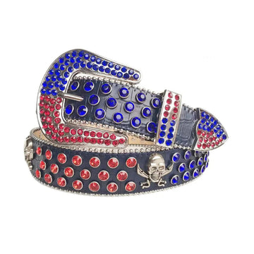 Red and Blue Rhinestones with Skull Studs on Black Textured Strap Rhinestone Belt
