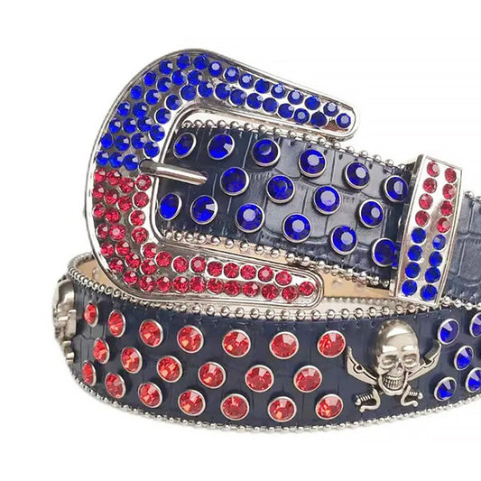 Red and Blue Rhinestones with Skull Studs on Black Textured Strap Rhinestone Belt