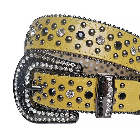 Diamond Rhinestones and Black Studs with Yellow Strap Rhinestone Belt