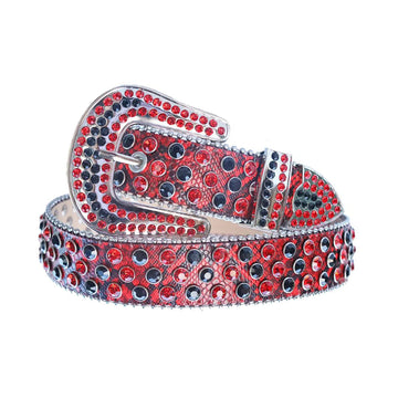 Red and Black Rhinestones with Red Snake Texture Strap Rhinestone Belt