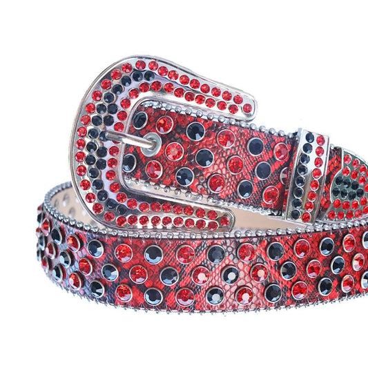 Red and Black Rhinestones with Red Snake Texture Strap Rhinestone Belt