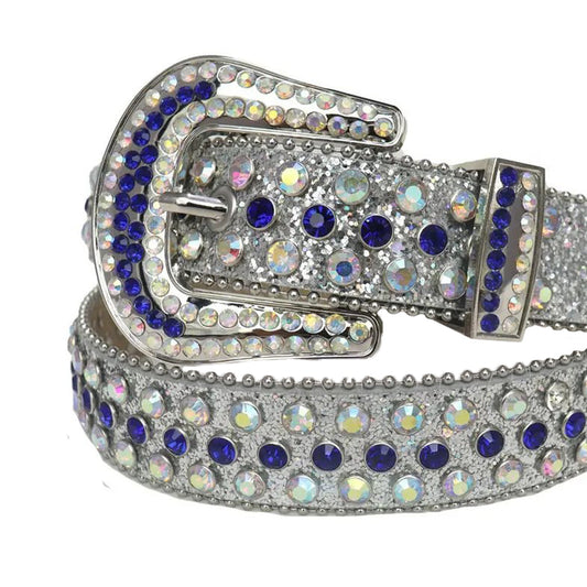 Blue and Chromatic Rhinestones with Silver Glitter Strap Rhinestone Belt