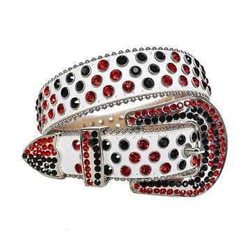 Black and Red Rhinestones with White Textured Strap Rhinestone Belt