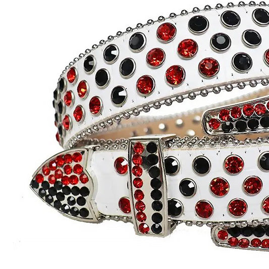 Black and Red Rhinestones with White Textured Strap Rhinestone Belt